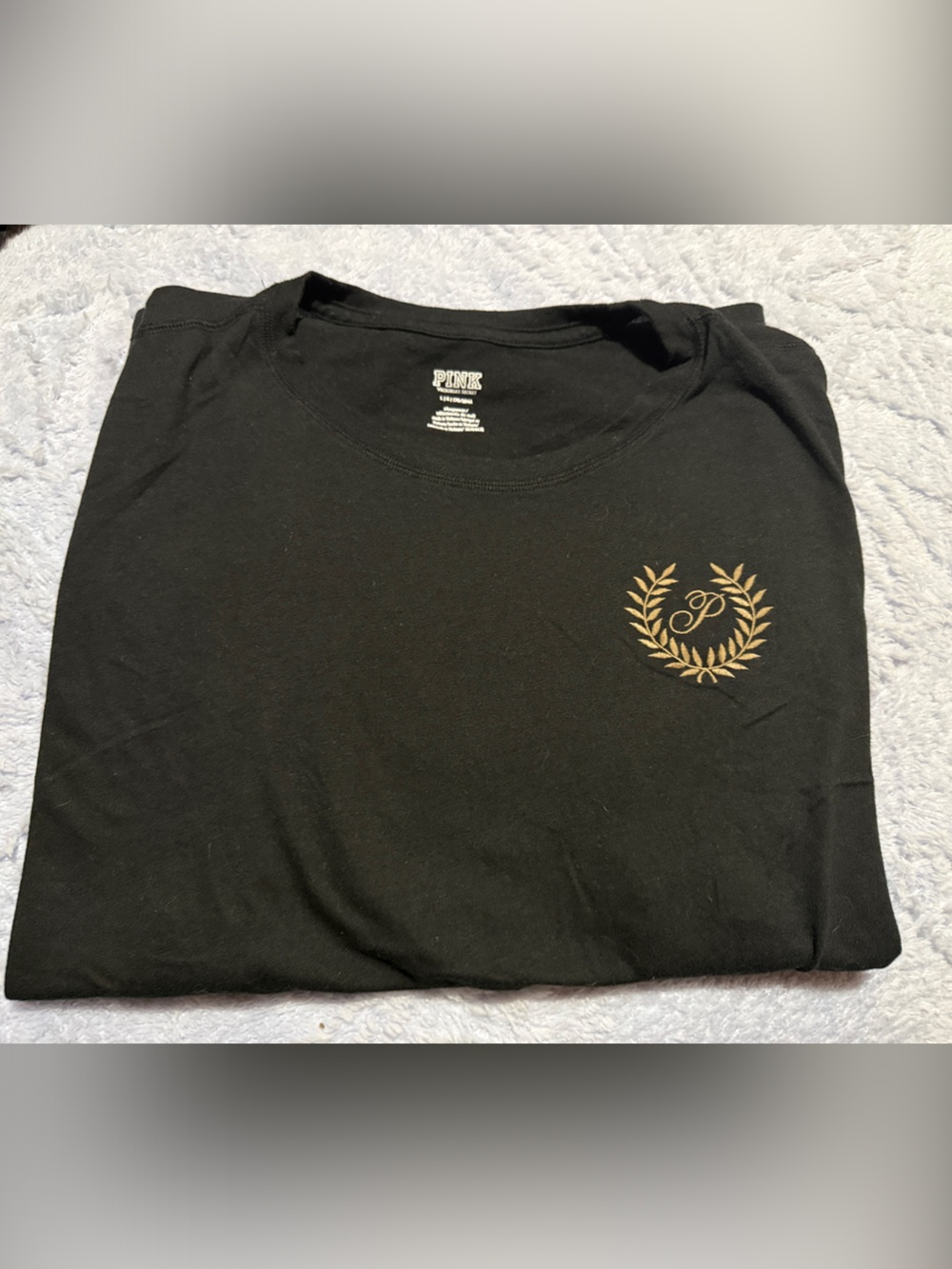 PINK Victoria's Secret Black Short-Sleeve Tee with Gold Laurel Emblem